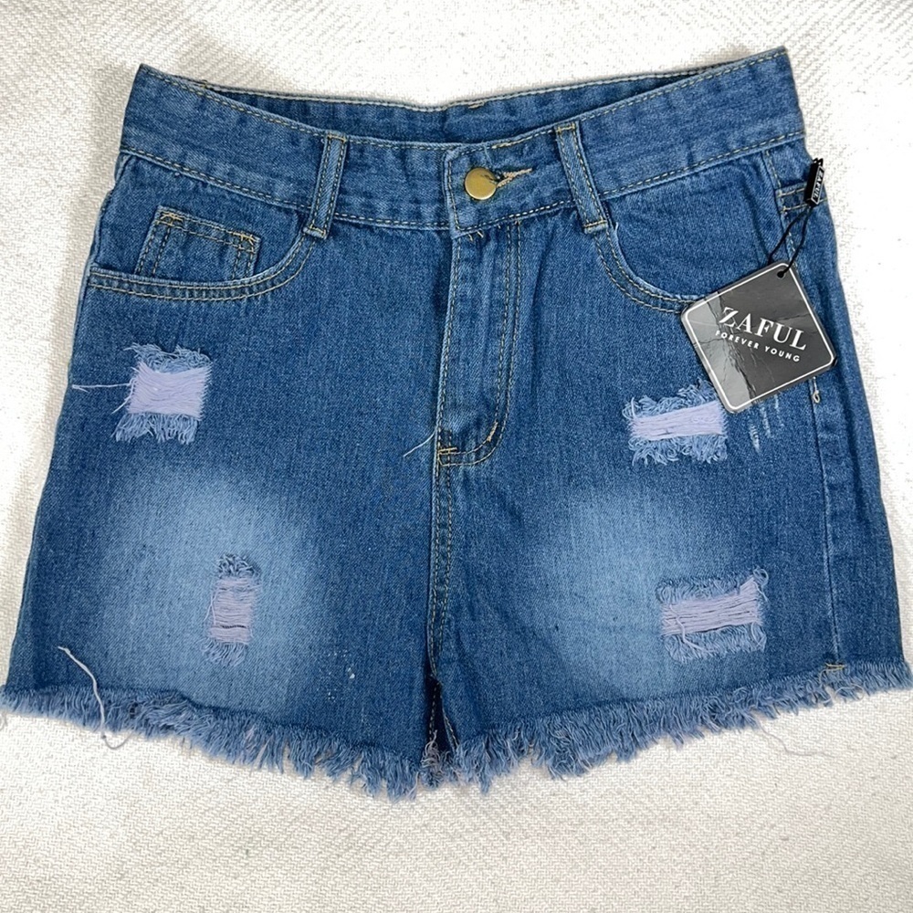 NWT Frayed Hem Ripped Pocket Denim Shorts - Deep Blue | size S